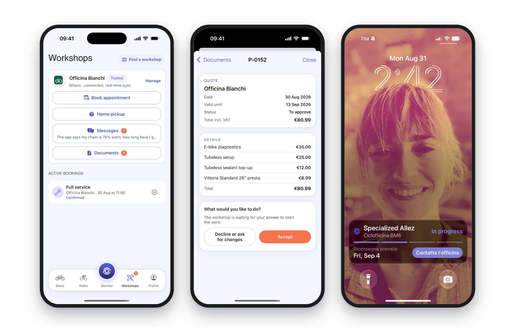 The CrankPal app on the customer's phone: the workshop card with its logo, a quote with its lines and the buttons to accept or ask for changes, and the lock screen with the job status, the ready-by date and the button to message the workshop.