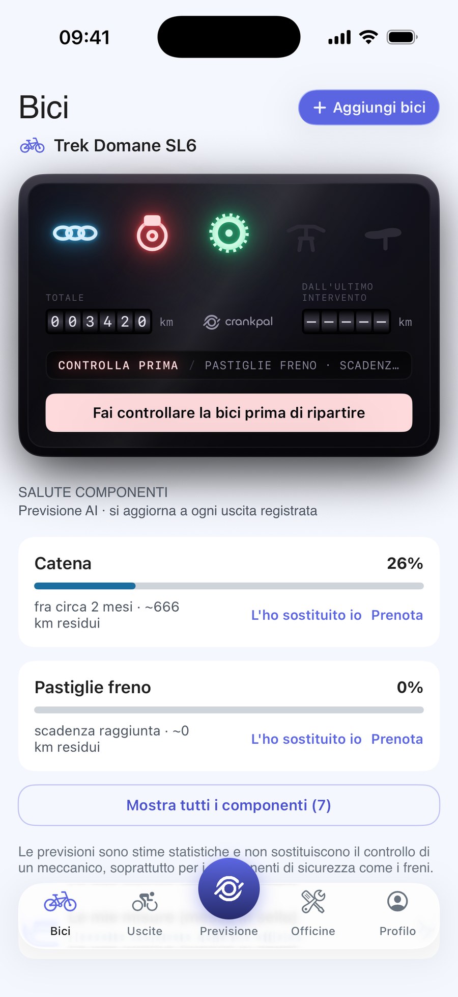 App CrankPal: la salute della bici e la previsione di usura della catena, con la prenotazione del servizio in officina