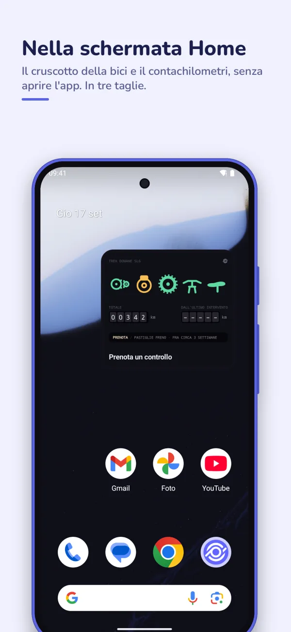 Il widget di CrankPal nella schermata Home di un Android, con le spie della bici e il contachilometri.