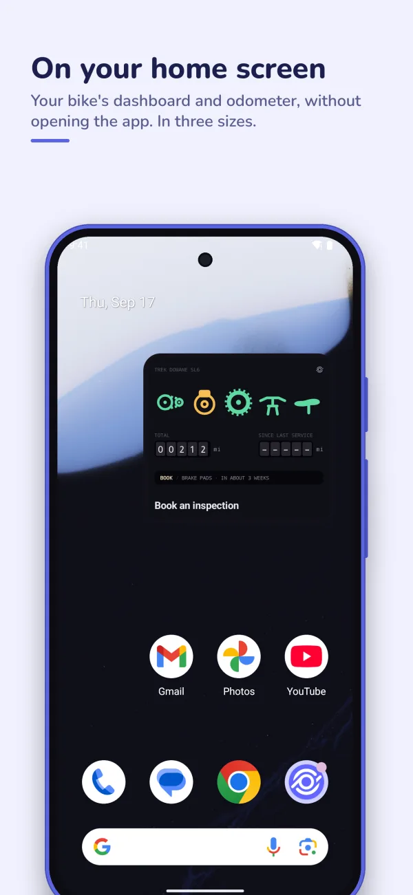 The CrankPal widget on an Android home screen, with the bike's lamps and the odometer.