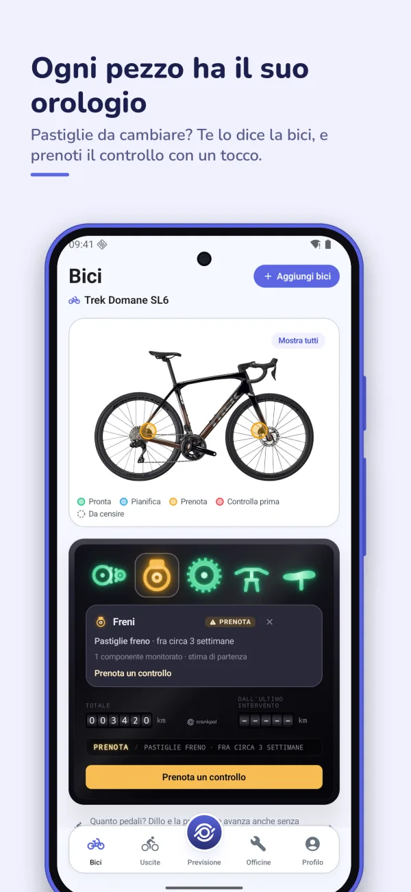 La scheda di una spia su Android: pastiglie freno da cambiare fra circa tre settimane, con il pulsante per prenotare un controllo.