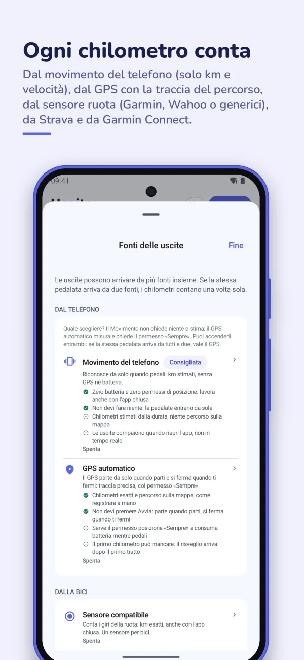 Le fonti delle uscite su Android: movimento del telefono, GPS automatico, sensore ruota, Strava e Garmin Connect.