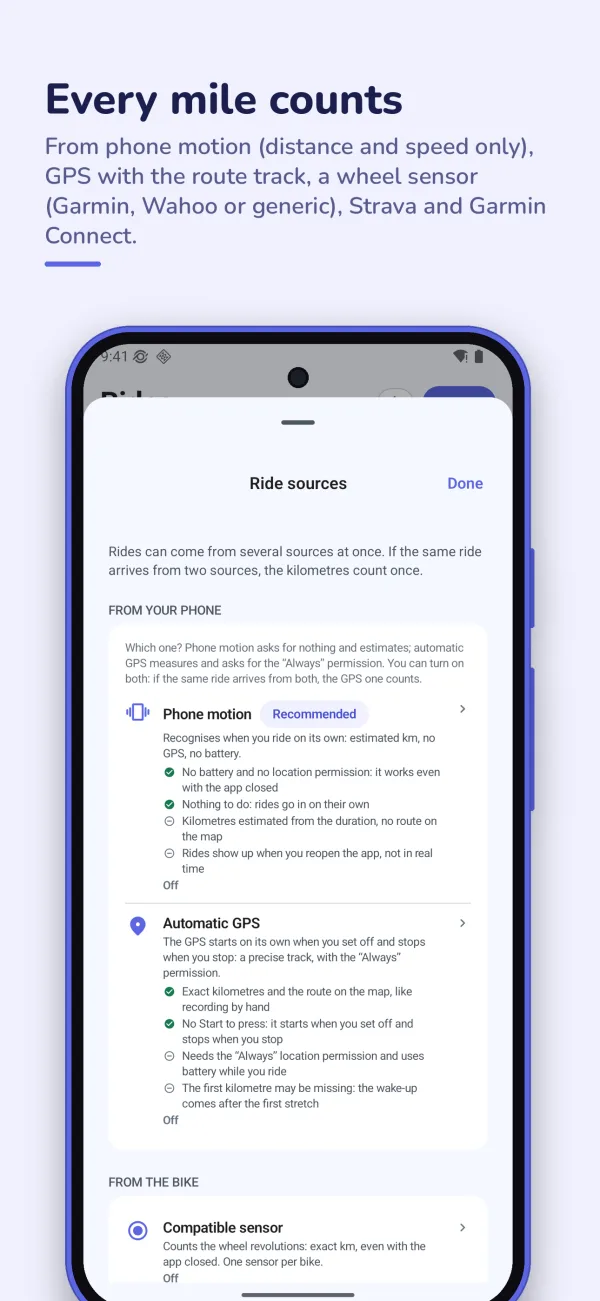 The ride sources on Android: phone motion, automatic GPS, wheel sensor, Strava and Garmin Connect.