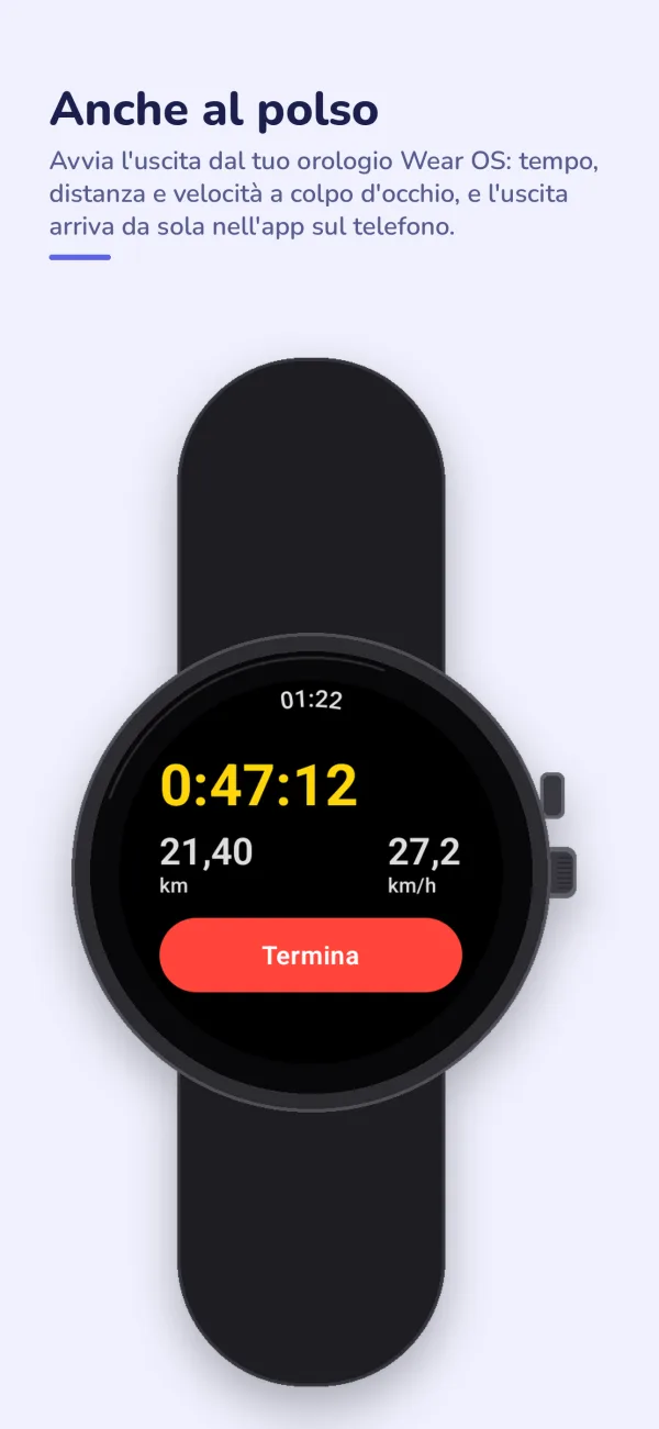 L'app su un orologio Wear OS durante un'uscita: tempo, distanza e velocità.