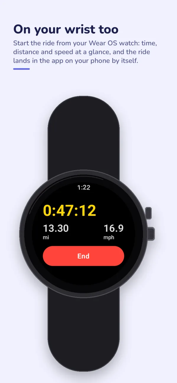 The app on a Wear OS watch during a ride: time, distance and speed.
