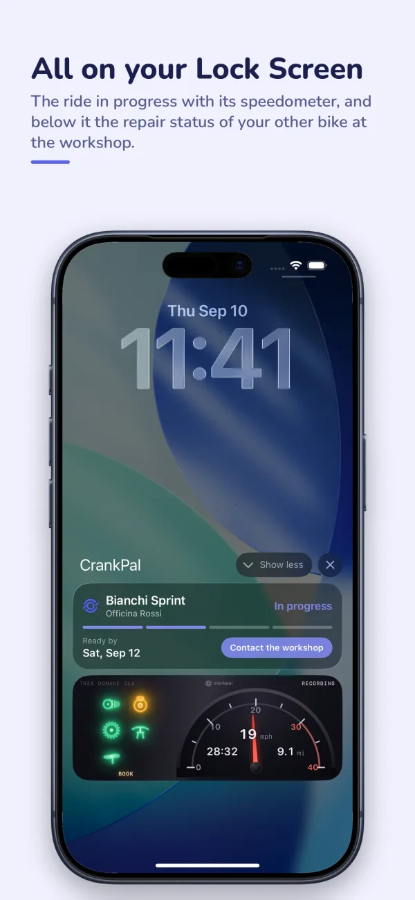 شاشة قفل iPhone مع الجولة الجارية وحالة إصلاح دراجة في الورشة.
