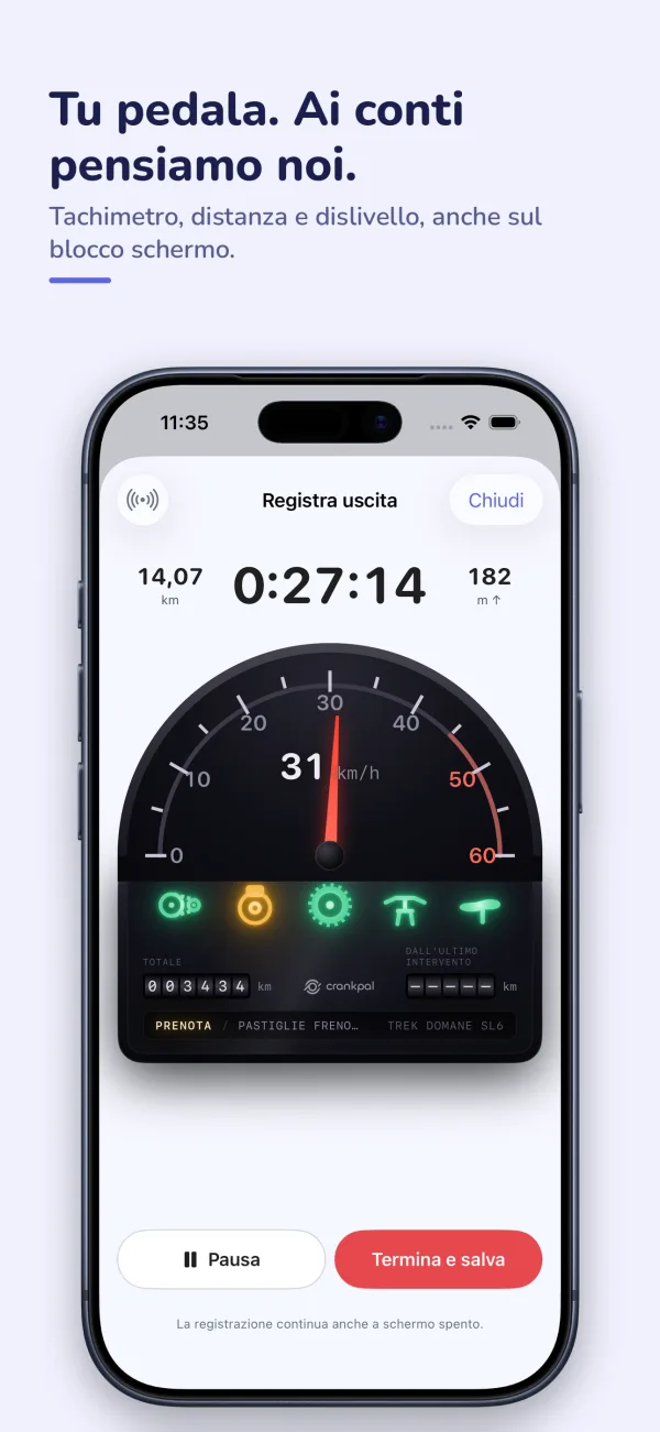 La registrazione di un'uscita: tachimetro analogico, tempo, distanza e dislivello.