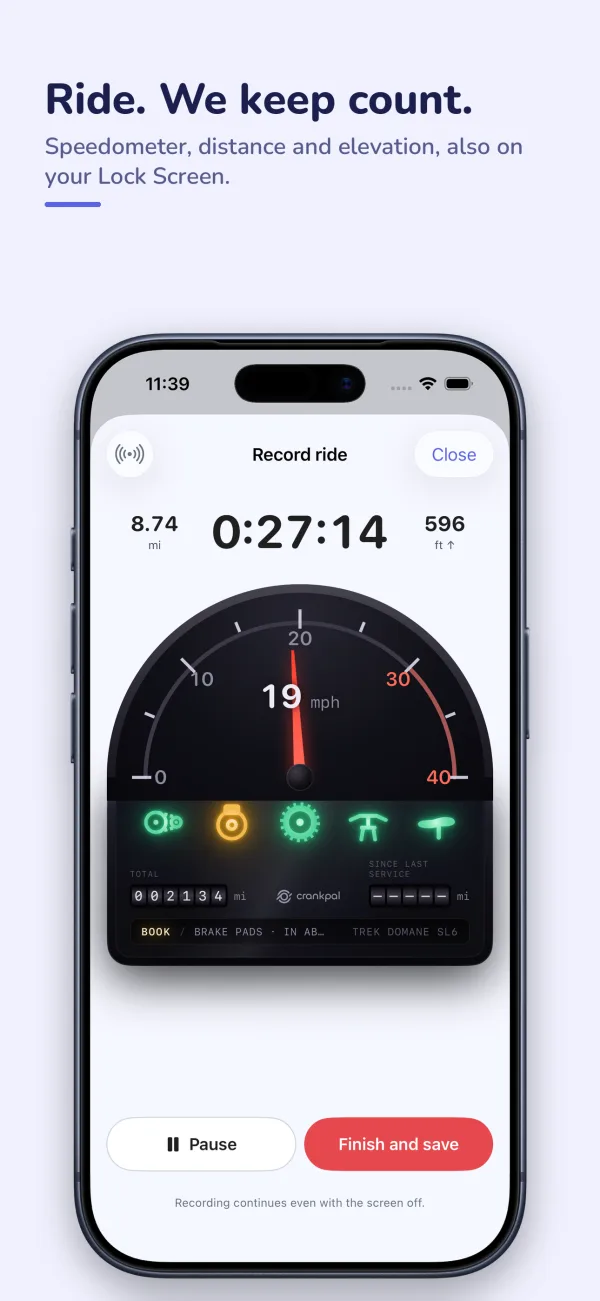 Recording a ride: analogue speedometer, time, distance and elevation.