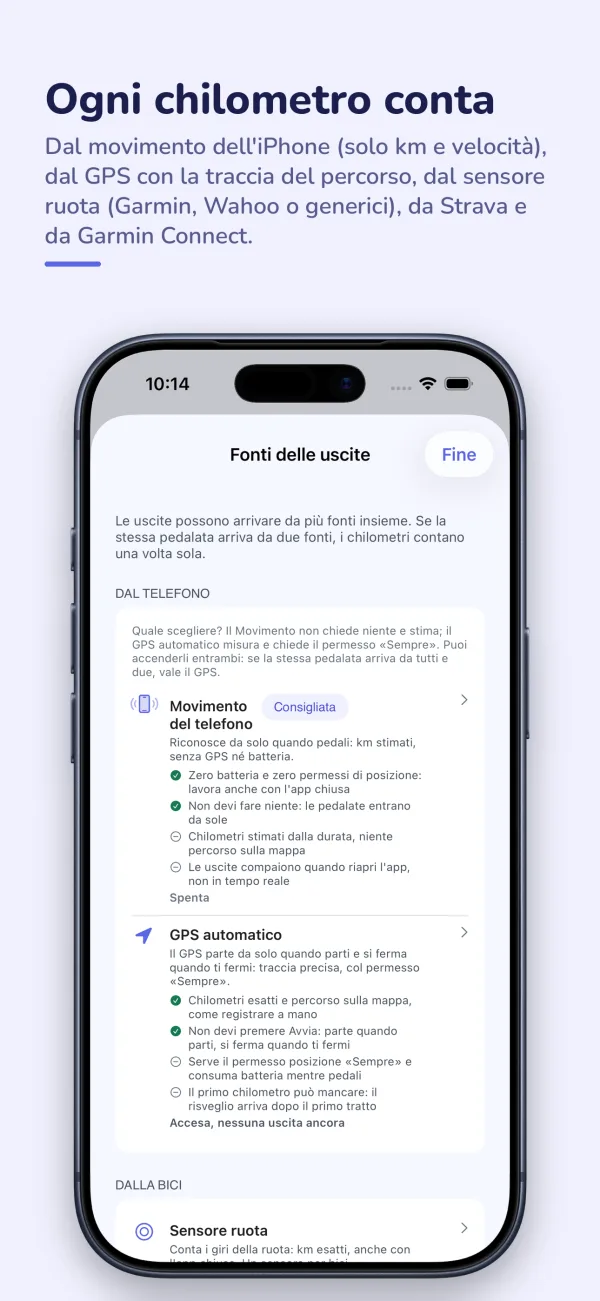 Le fonti delle uscite: movimento del telefono, GPS automatico, sensore ruota, Strava e Garmin Connect.