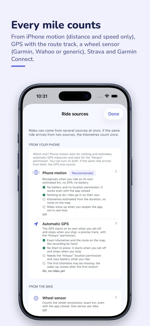 The ride sources: phone motion, automatic GPS, wheel sensor, Strava and Garmin Connect.