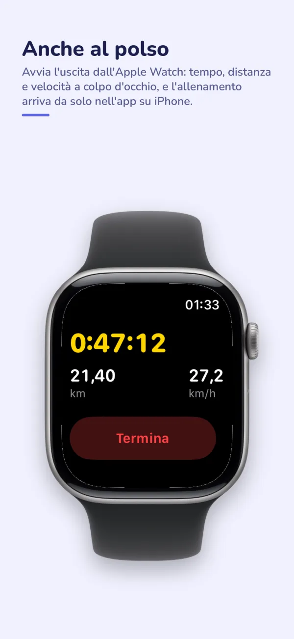 L'app su Apple Watch durante un'uscita: tempo, distanza e velocità.