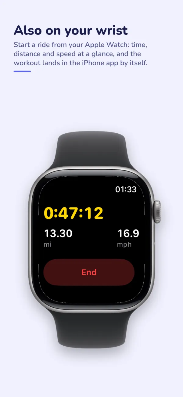 The app on Apple Watch during a ride: time, distance and speed.