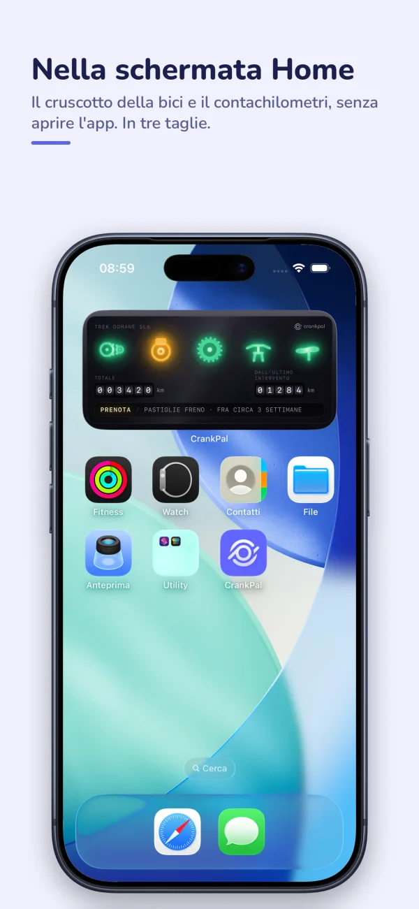 Il widget di CrankPal nella schermata Home dell'iPhone, con le spie della bici e il contachilometri.