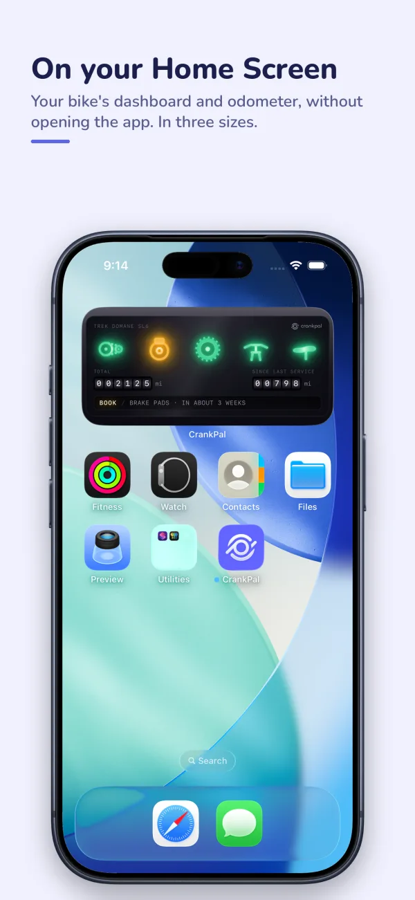 أداة CrankPal على الشاشة الرئيسية في iPhone، مع مؤشرات الدراجة وعدّاد المسافة.