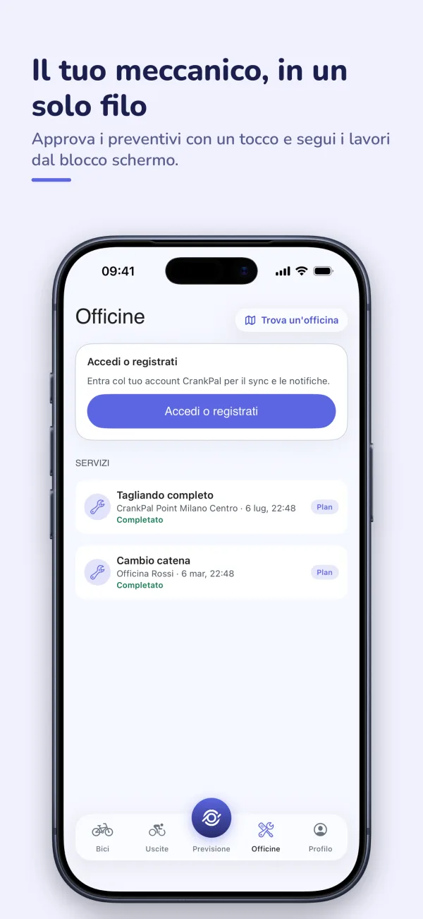 La sezione Officine dell'app: i lavori fatti e i preventivi da approvare.