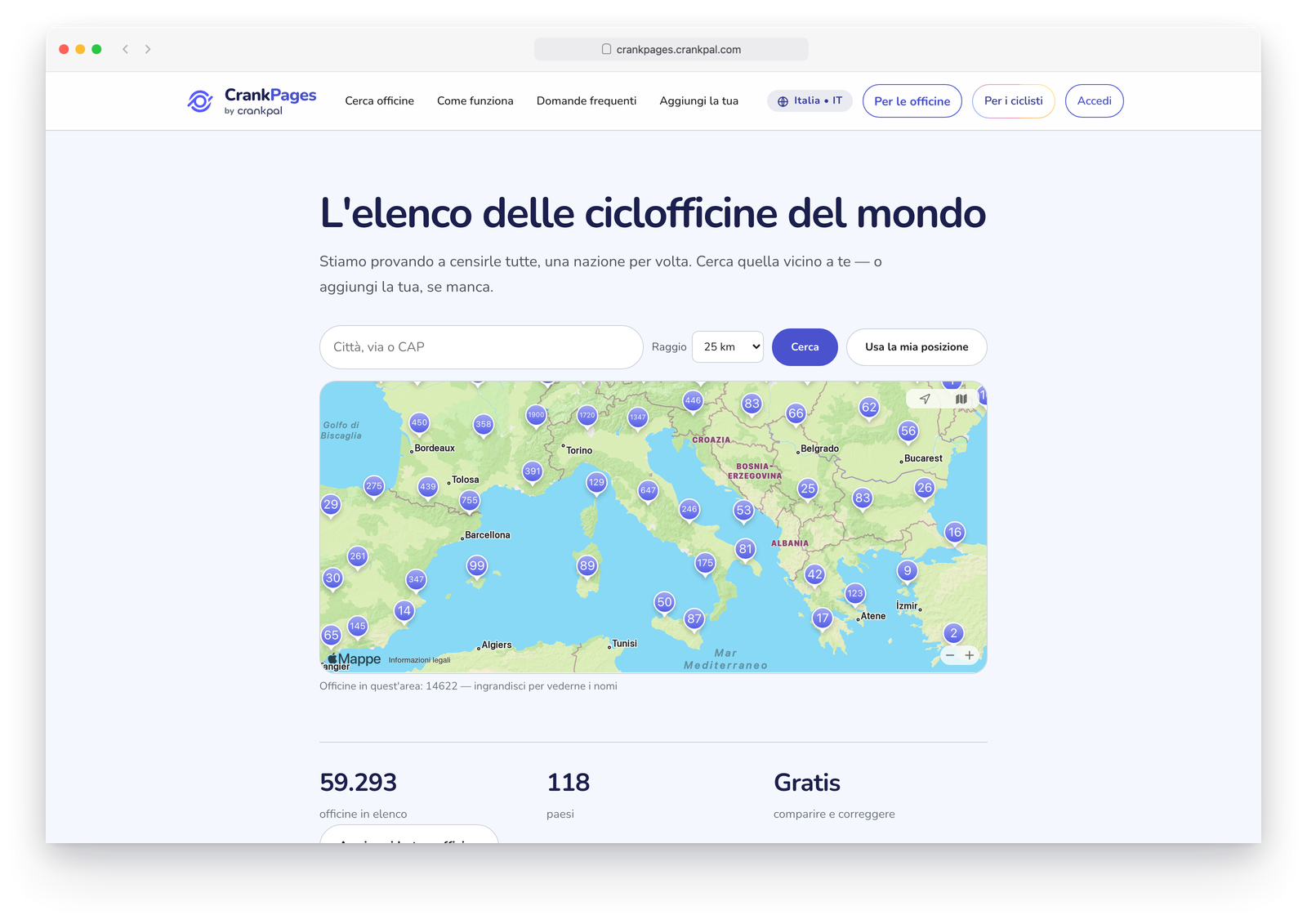 CrankPages, l'elenco pubblico delle ciclofficine: la ricerca per città e la mappa con quante officine ci sono in ogni zona