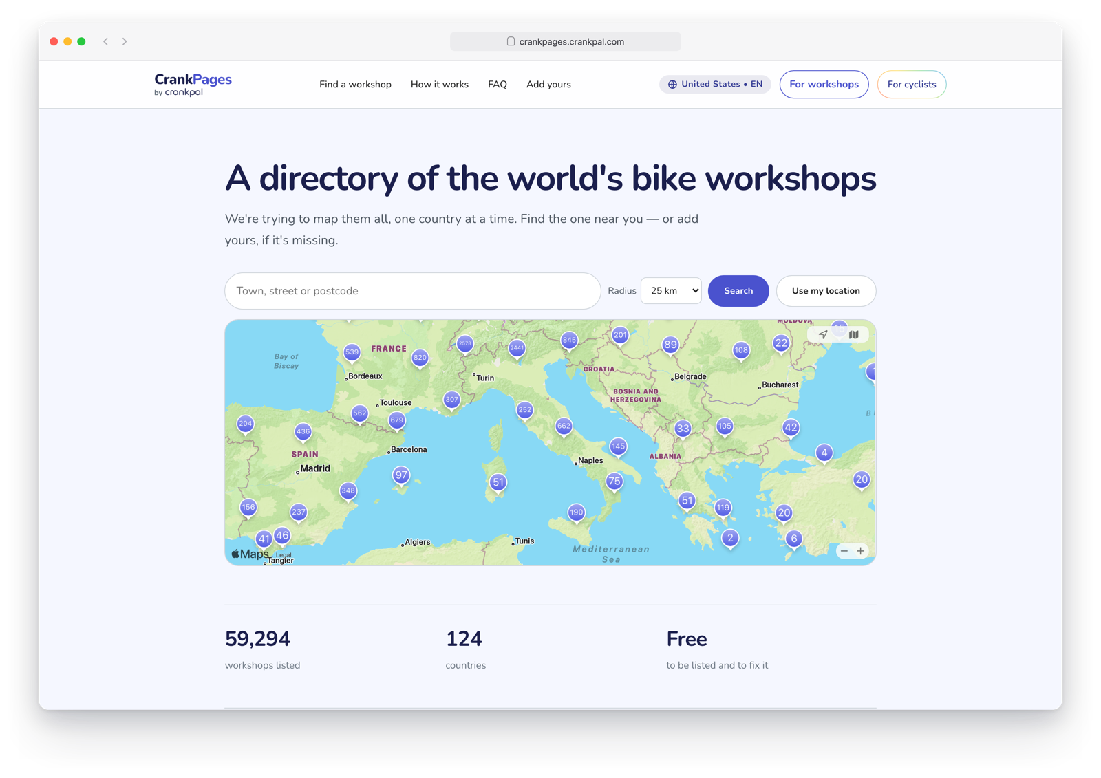 CrankPages, l'annuaire public des ateliers vélo : la recherche par ville et la carte indiquant le nombre d'ateliers par zone