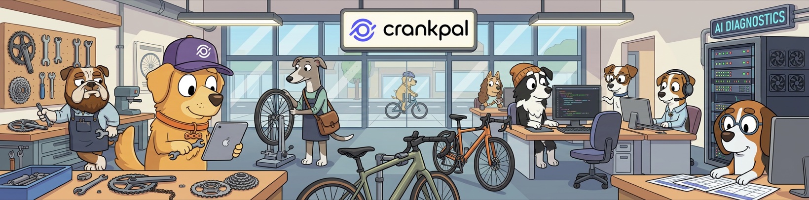 Illustration : l'équipe CrankPal au travail — mécaniciens à l'établi, développeurs et support dans le même atelier