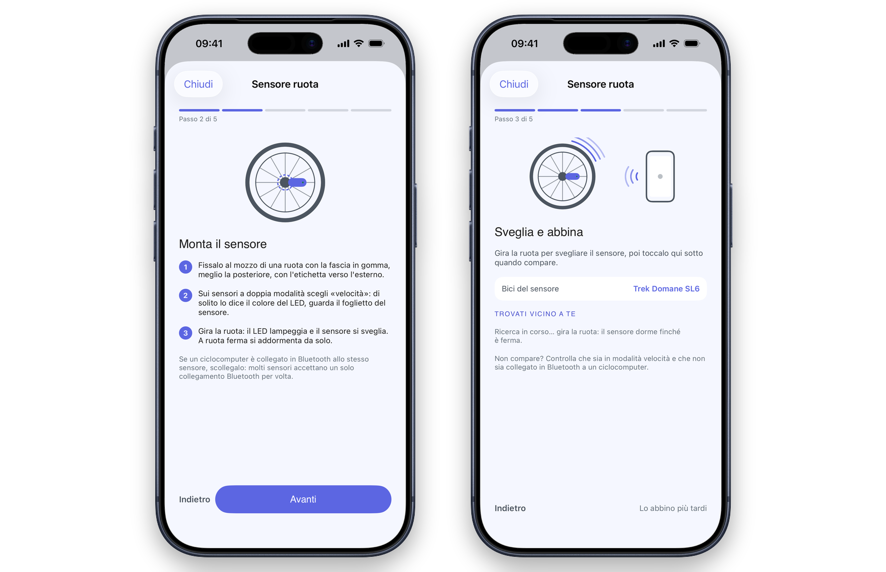 La guida al sensore ruota nell'app CrankPal: la ruota che gira sveglia il telefono