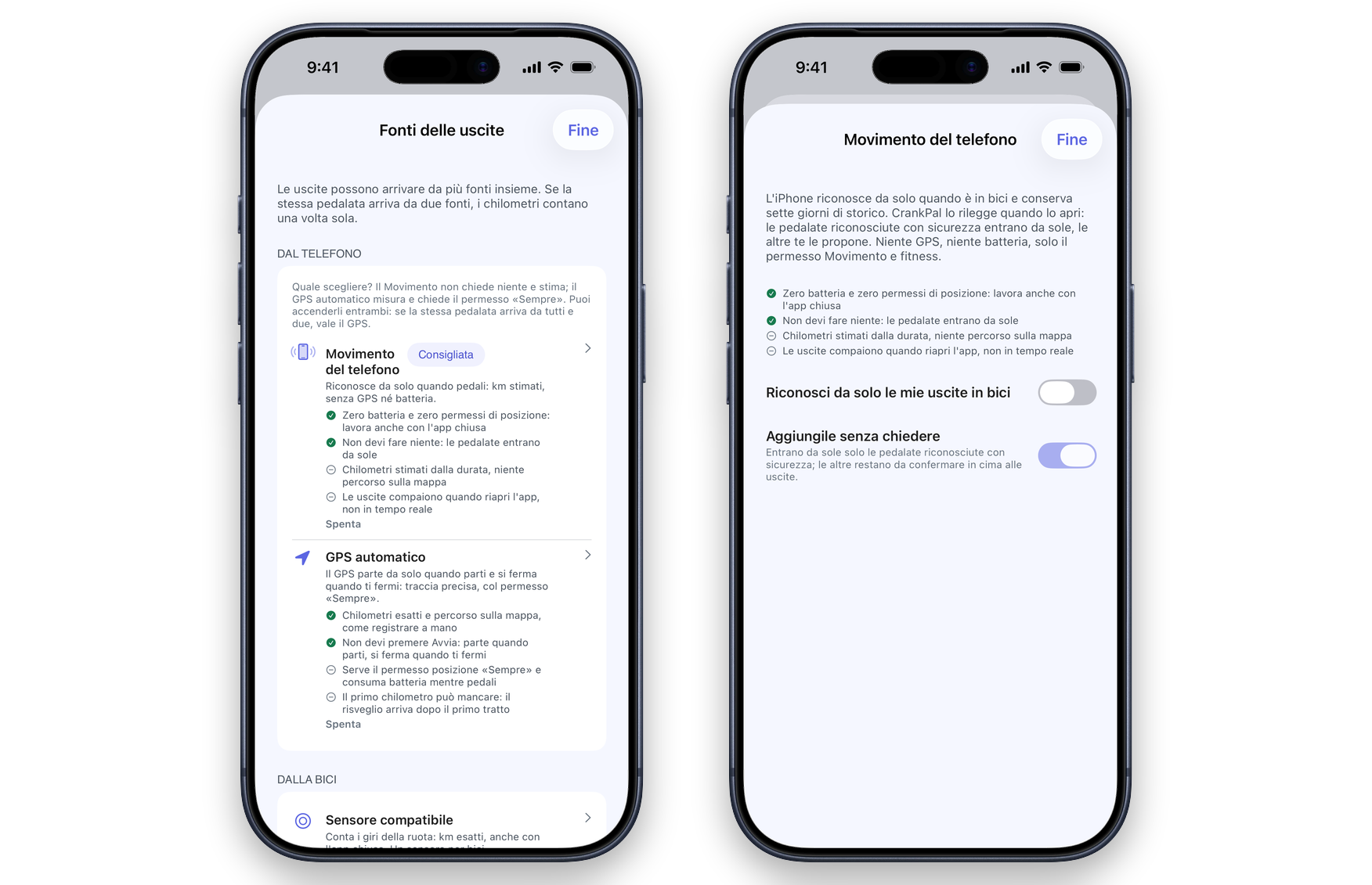 Le fonti delle uscite nell'app CrankPal: il movimento del telefono, il GPS automatico e il sensore compatibile, ognuno con i suoi pregi e i suoi limiti