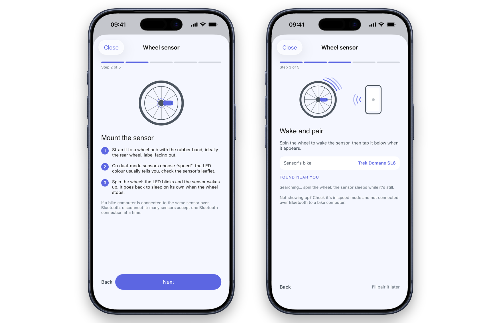 The wheel sensor guide in the CrankPal app: the spinning wheel wakes the phone