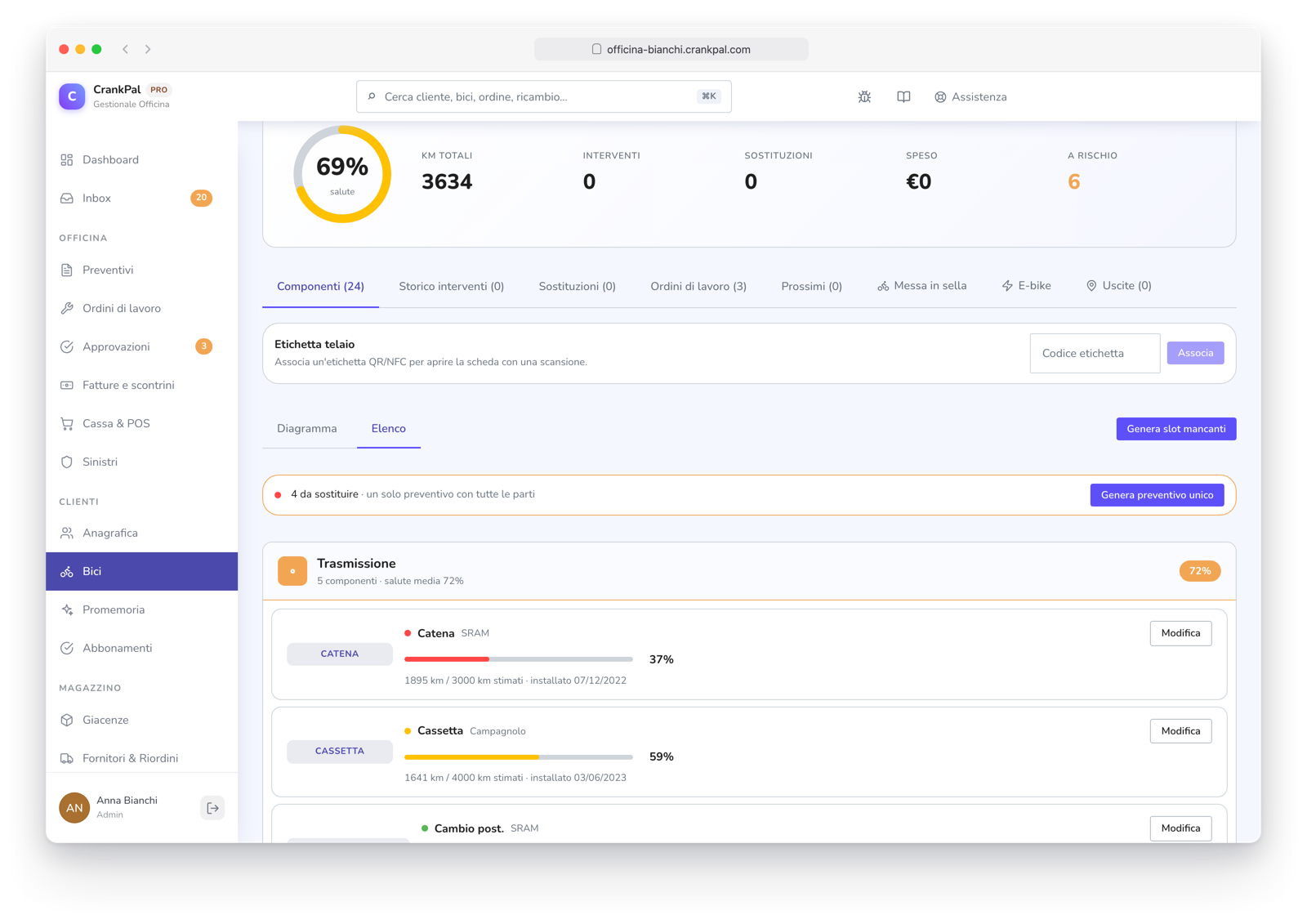 Scheda di una e-bike nel gestionale CrankPal: salute complessiva, chilometri totali, componenti censiti con la percentuale di usura di catena, cassetta e cambio, chilometri percorsi e data di installazione, e il pulsante per generare un preventivo unico con le parti da sostituire.