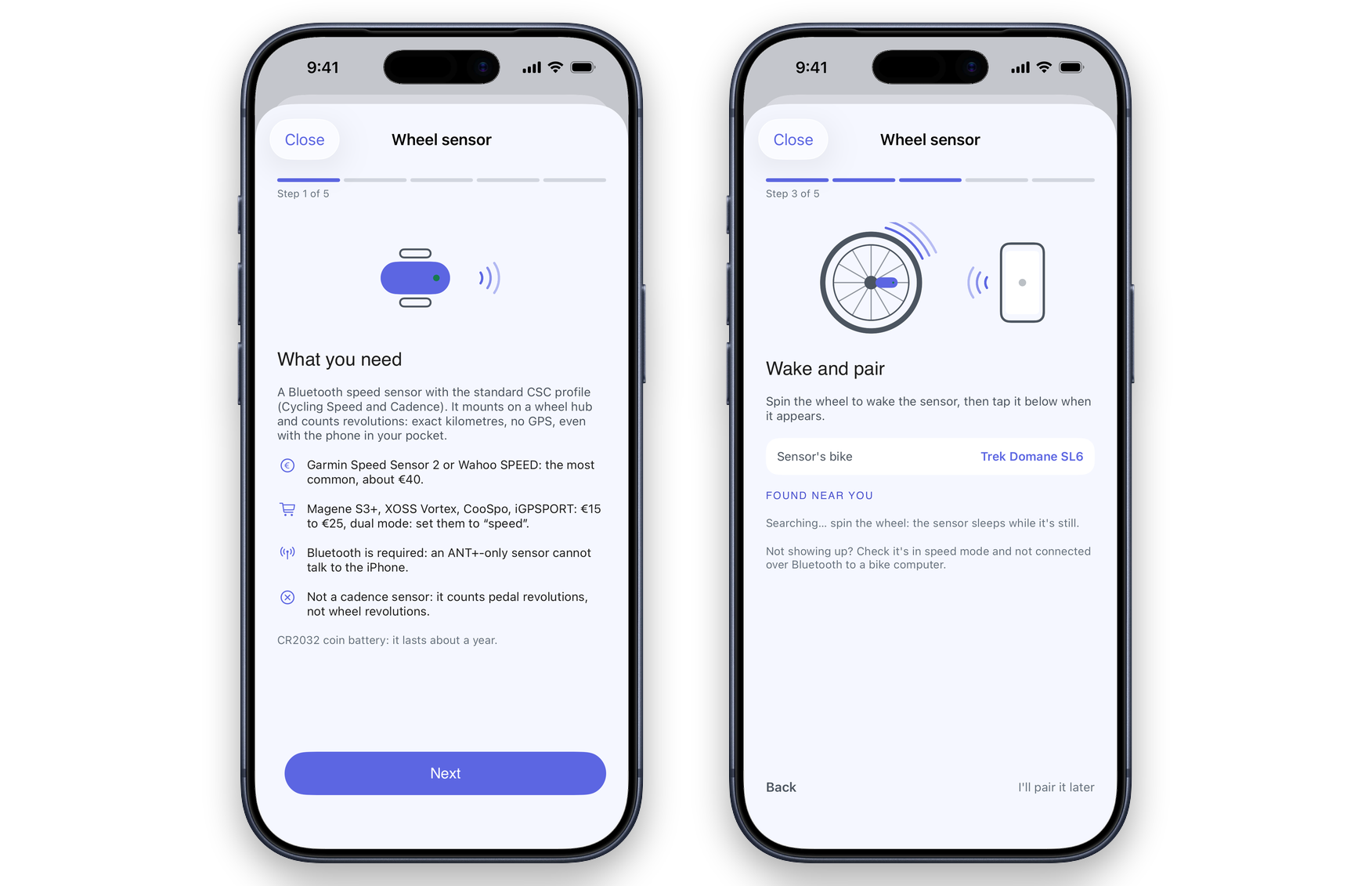 The customer's app: the guide to pairing a third-party speed sensor, and the bike screen with the Garmin Speed Sensor 2 recognised, connected and showing its battery charge