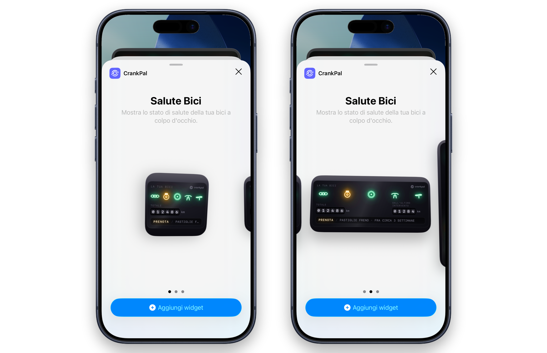 La galleria dei widget di iOS con il widget CrankPal in due taglie: le spie dei gruppi di componenti, il contachilometri e l'invito a prenotare un controllo