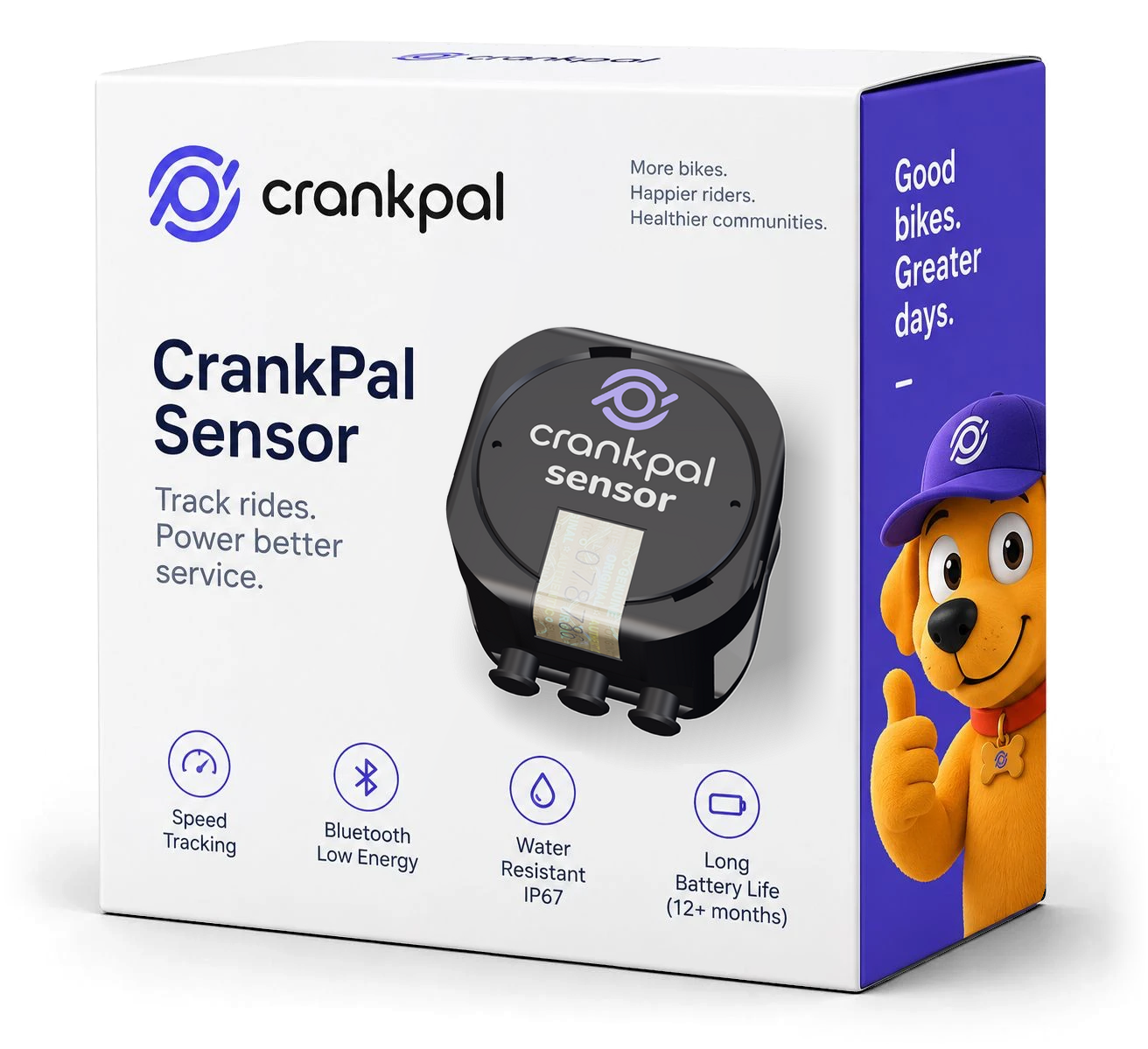The CrankPal Sensor box: a photo of the black sensor with crankpal sensor lettered on its lid, the speed, Bluetooth, IP67 and battery-life icons, and Cranky on the side
