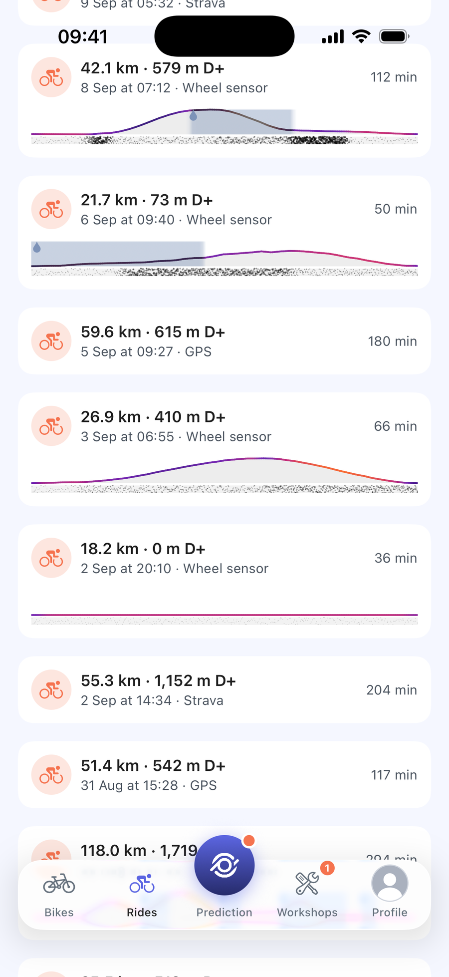 The ride list in the CrankPal app: sensor rides with their coloured spine, among rides recorded with GPS