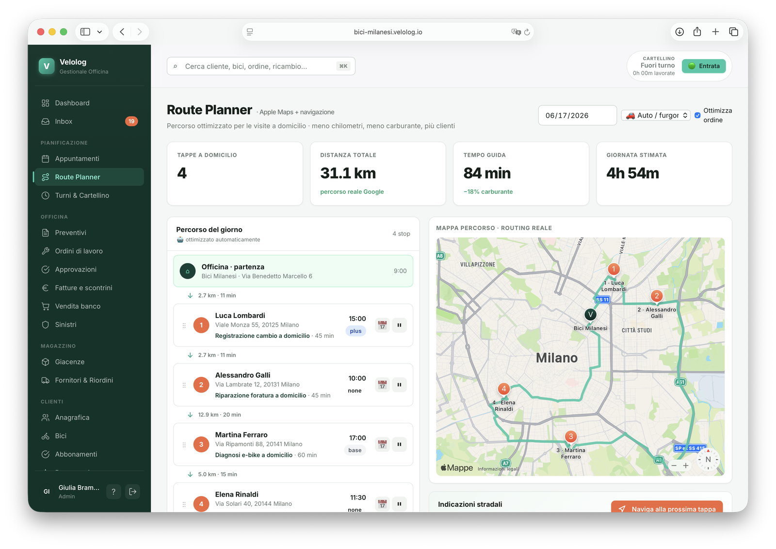 Route Planner di CrankPal: percorso a domicilio ottimizzato su mappa con tappe ordinate, distanza totale, tempo di guida e durata stimata della giornata.
