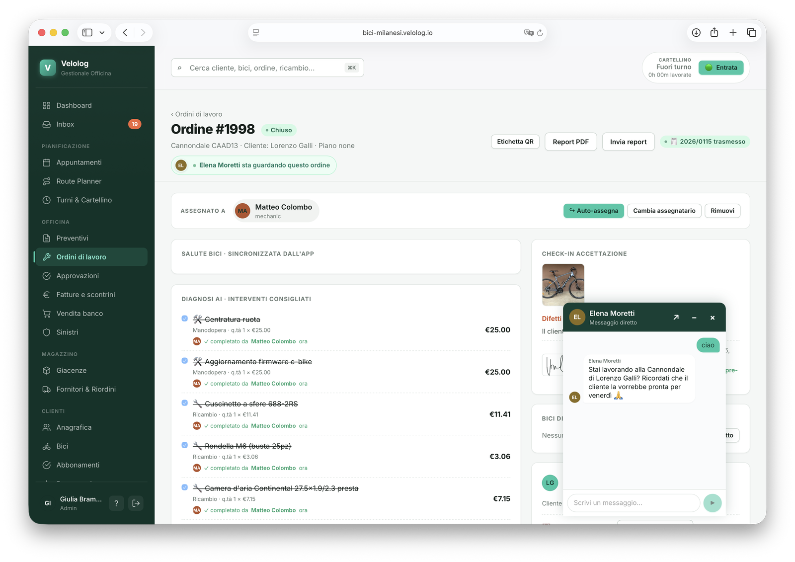 Ordine di lavoro CrankPal con diagnosi AI e interventi consigliati, check-in di accettazione con foto e firma, indicatore di presenza live di un collega e chat diretta tra meccanici.